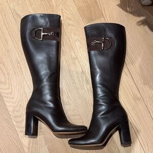 Gucci Brown Leather and Suede Chunk Heeled Boots with Buckle